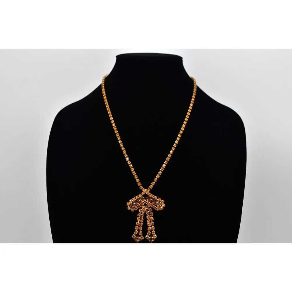 Vintage Crystal Bow Necklace Chocolate Orange Gold Prong Rhinestone 1960s BinBJ